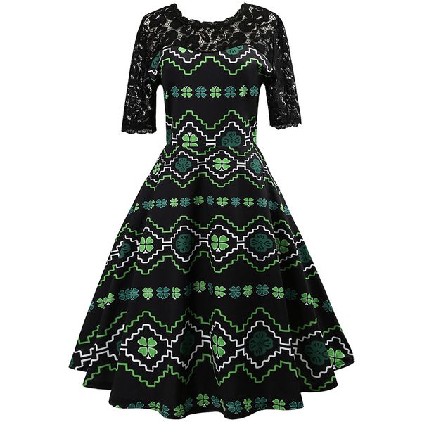

p shoot] hepburn wind lace joint printed retro big hemline dress, Black;gray
