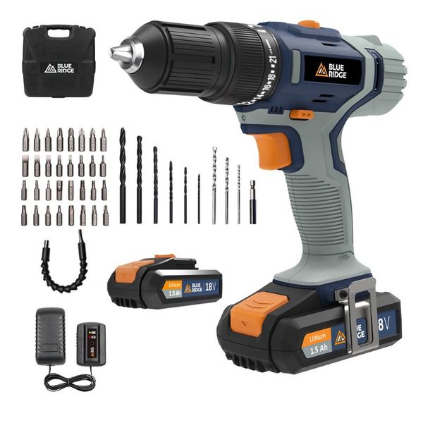 

blue ridge br2808k2 18v lithium-ion cordless hammer drill combi drill 2pcs 1.5ah li-ion battery packs,1hr fast charger, 13mm key