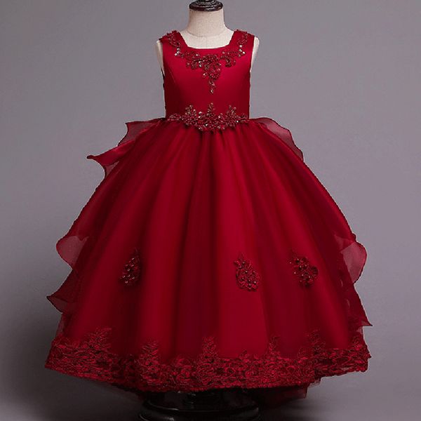 

2020 formal bridesmaid evening dress for girls princess girl kids children clothes beadingd party and wedding tutu dress 3-12y, Red;yellow