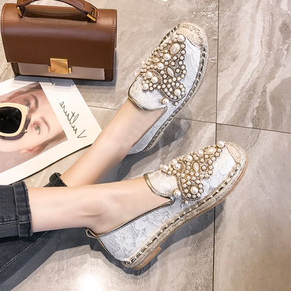 

women lace pearl slip ons loafers summer espadrilles rhinestone flat heel slides slippers r05, Black