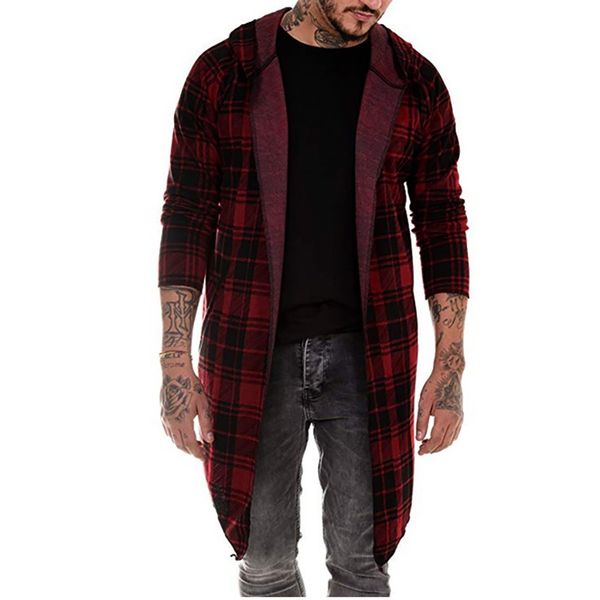 

new men's hoodie men splicing hooded plaid trench coat jacket cardigan long sleeve outwear blouse fashion long hoodie moleton, Black