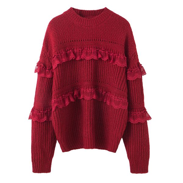 

2020 весна женщины свитера пуловеры с длинным рукавом вязать свитер женщины перемычка верхняя одежда оборками o шеи свободные свитера, ветро, White;black