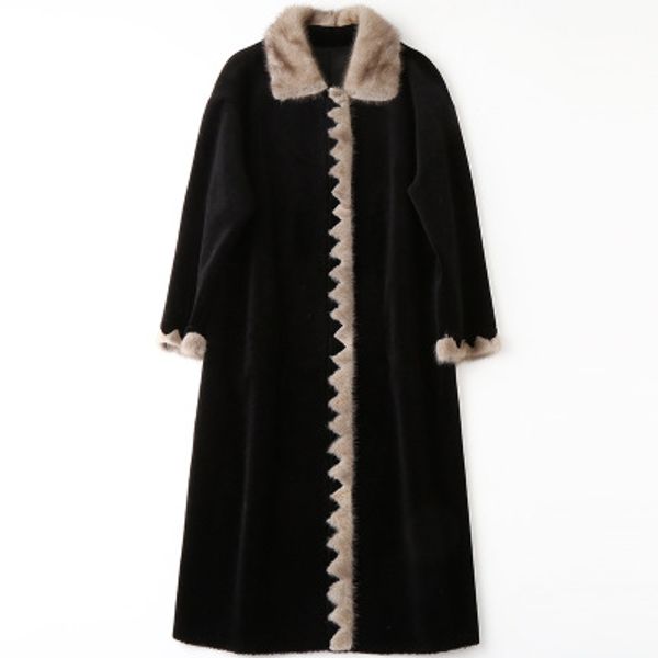 

2020 new fashion long mink fur collar sheep shearling coat h4, Black