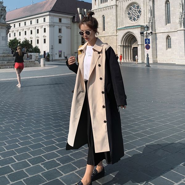 

2020 new korean double-breasted color block patchwork windbreaker coat women's spring autumn long trench coats b452, Tan;black