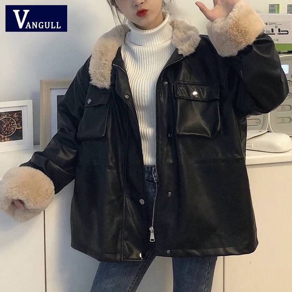 

vangull jacket women 2019 new autumn winter loose plush lapel pu leather motorcycle clothing plus velvet thick leather female, Black