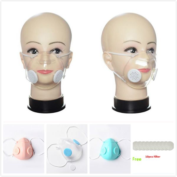 Transparente Gesichtsmaske mit Ventil, PP, klare Maske mit doppeltem Atemventil, waschbare Anti-Staub-Masken, taubstumme Designer-Masken, inklusive 10 Stück Filter