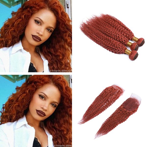 Compre Color Puro Naranja Afro Rizado Pelo 3 Paquetes Con Cierre De Encaje 4 Unids Lote Naranja Rojo Rizado Rizado Cierre De Encaje De Pelo Con El