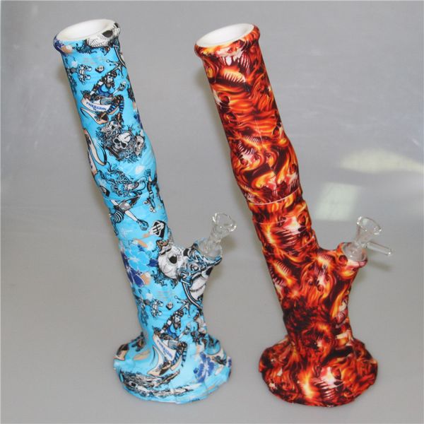 14 '' düz printingSilicone Bongs Cam Çanak Kuru Ot Wax Vaporizer Toptan ile Cam Suyu Boru Taşınabilir Nargile Tütün Sigara Borular