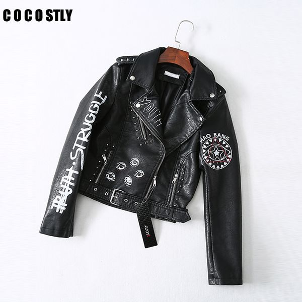 

printed letters rivet leather jacket women punk moto coat black faux biker jacket jaquetas couro casaco chaquetas 2019