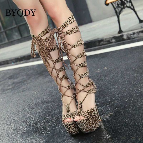 

byqdy summer leopard зерна серпантин длинные сапоги женщины высокий каблук ботинка peep toe sexy club обувь бедро высокого колено шнуровкой, Black