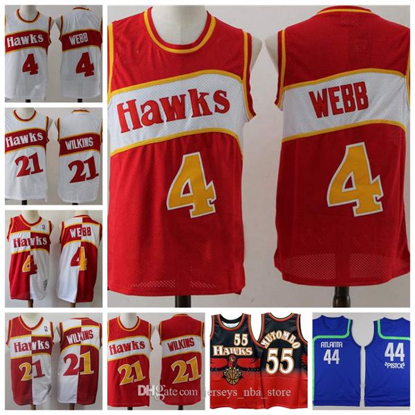 

mens retro basketball jerseys vintage pete 44 maravich spud 4 webb dominique 21 wilkins 55 mutombo stitched jersey swingman, Black;red
