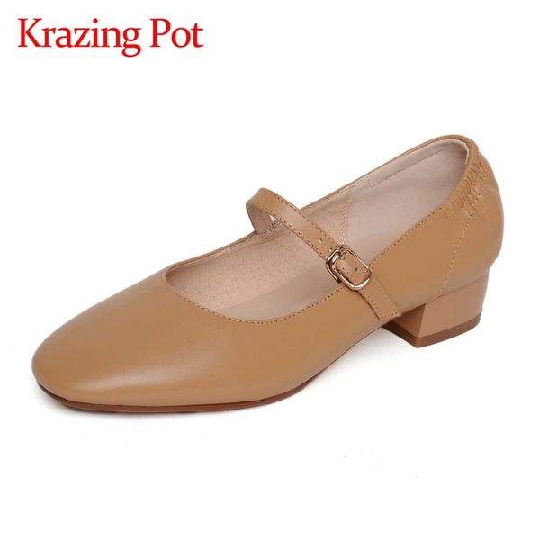 

krazing pot concise style natural leather gentlewomen all-match maiden round toe med square heels elastic band women pumps l02, Black