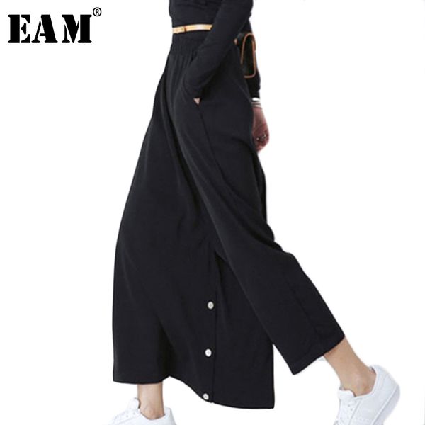 

eam] 2020 весна новый продукт мода кнопка черные широкие брюки женщина высокая талия свободные большой размер брюки все-матч y91801, Black;white