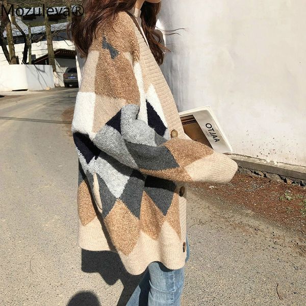 

mozuleva vintage loose plaid women cardigans autumn winter open stitch sweater elegant thick cardigans female knitted outerwear, White