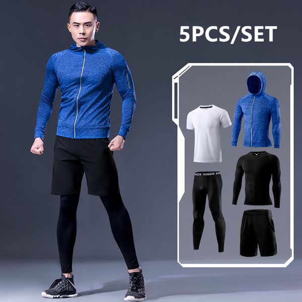

2019 running set men 5pcs/set compression basketball tights sports suits gym fitness training sportswear running jogging clothes, Black;blue