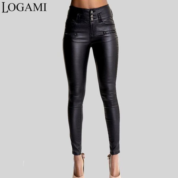 

logami women pu leather pants black stretch bodycon trousers women high waist long pants, Black;white