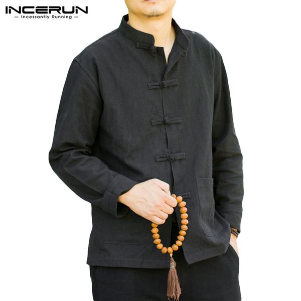 

chinese style retro shirt men cotton solid casual button up stand collar autumn shirts men streetwear long sleeve camisa incerun, White;black