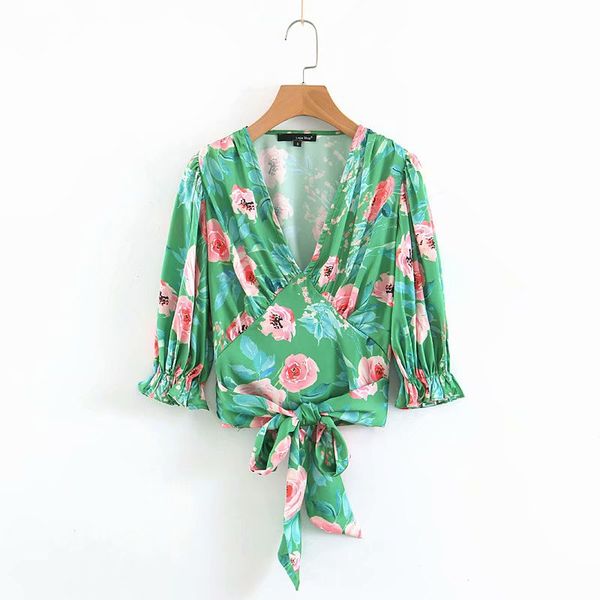 

sweet girls chic floral print short lace-up blouses casual streetwear cute women v-neck shirts feminine blusas, White