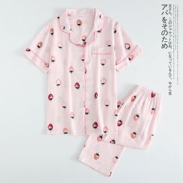 

strawberry print summer women's 100% cotton pijama mujer short-sleeved trousers pyjamas women home pajamas 2-piece, Blue;gray