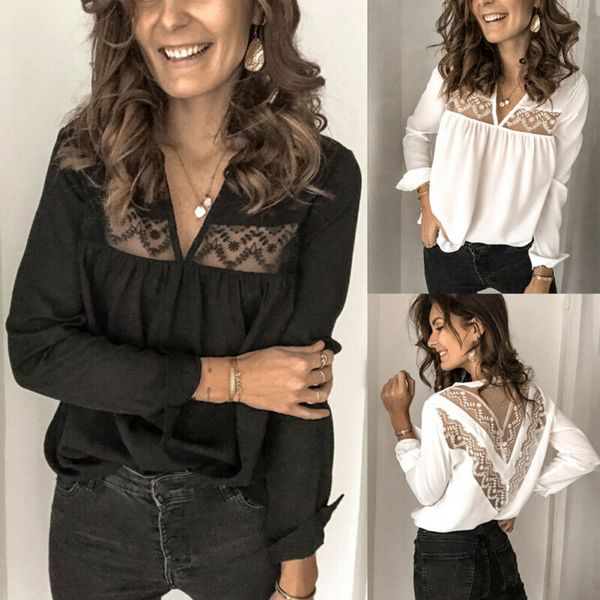 

fashion women blouses 2020 women and blouses casual long sleeve v-neck loose chiffon back lace shirt shirts clothes xxl, White