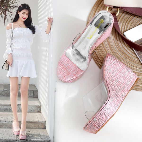 

high-heeled shoes lady house slippers platform slides slipers women low fashion on a wedge heels summer 2020 soft basic, Black