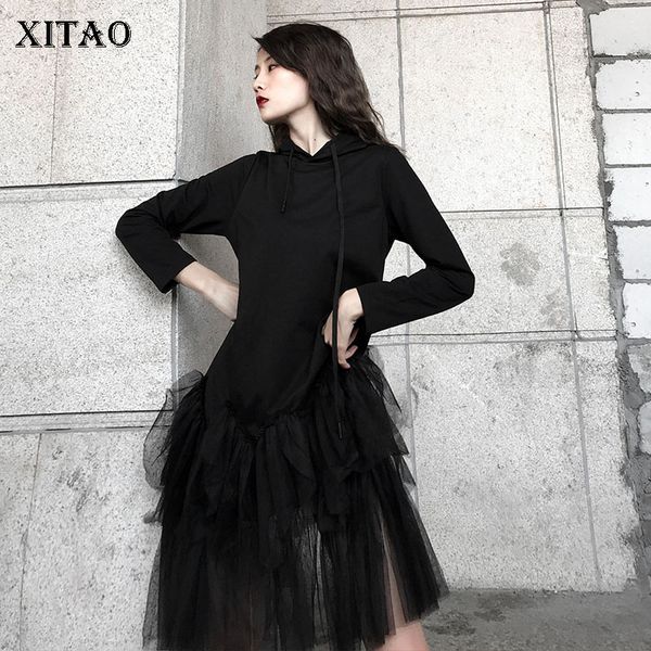 

xitao straight lace drawstring dress women clothes 2019 winter black patchwork hooded collar minority casual dress dmy2086, Black;gray