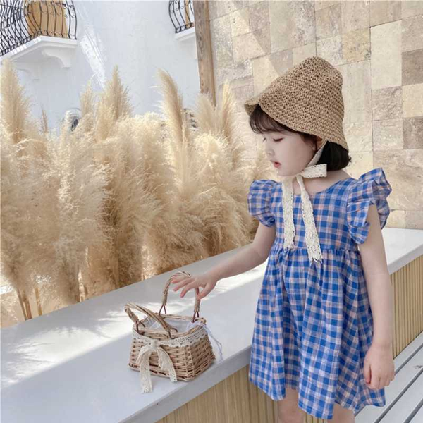 

girls summer dress new middle and small children's back cross straps flying sleeves cotton plaid princess skirt, Red;yellow