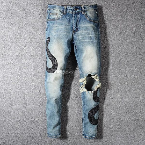 

mens designer jeans snake fashion embroidery denim pants mens slim zipper pants hip hop skinny jeans, Blue