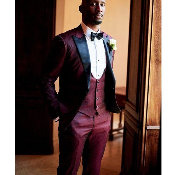 

new design one button burgundy wedding men suits peak lapel three pieces business groom tuxedos (jacket+pants+vest+tie) w1161, Black;gray