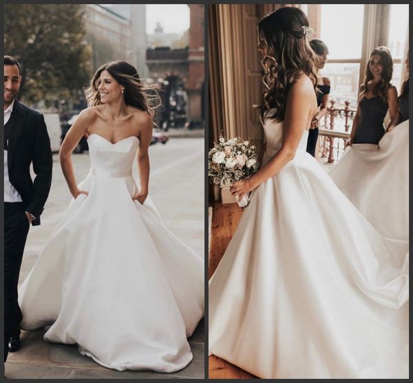 

2020 new boho a line wedding dresses sweetheart backless satin bridal gowns sweep train plus size beach wedding dress cheap, White