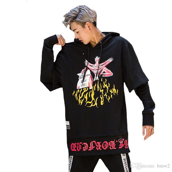 

2017 fashion hooded male hooded sweatshirt hip hop hoodies men loose streetwear cotton pullover fake two pieces male, Black