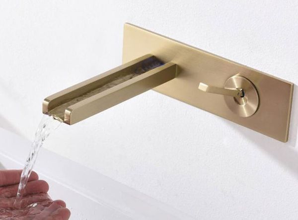 

brushed gold faucet finish brass basin water tap waterfall in wall mounted bathroom water black faucet tap bf725
