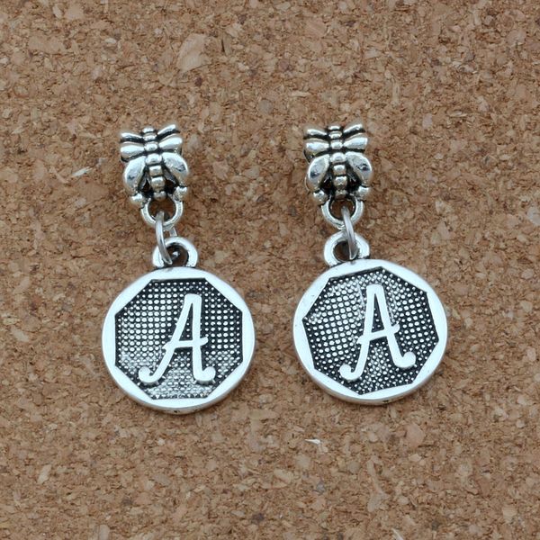 

50pcs/lot Dangle Antique silver Double sided Initial Alphabet Disc "A" alloy Charm Fit European Bracelets Jewelry DIY 14.8x30.8mm A-401a