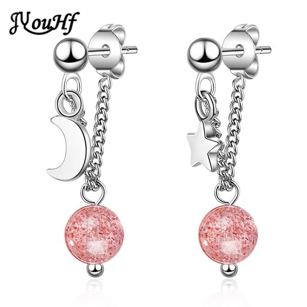 

jyouhf new fashion moon star silver earrings for women female korean style pink crystal stone chain earrings silver 925 jewelry, Golden;silver