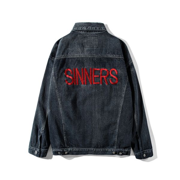 

2018ss sinners logo embroidery women men denim jacket hiphop streetwear men jeans jackets coats, Black;brown