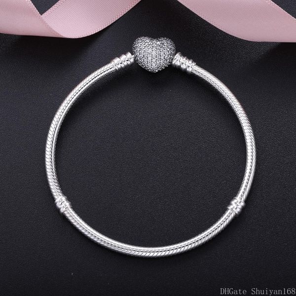 

925 silver plated cubic zircon heart charm bracelets fit european bead statement jewelry bangle for women men christmas gift, Golden;silver