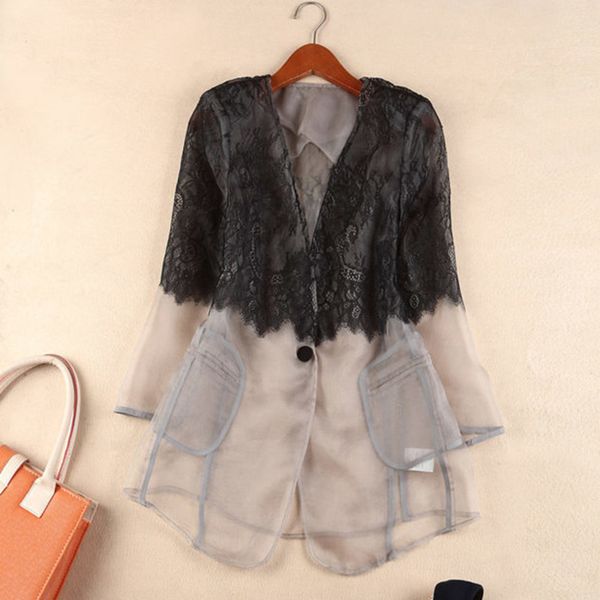 

women's suits & blazers [ewq] lace stitching three-point sleeve blazer jacket v-neck organza korea trend coat feminino 2021 autumn prod, White;black