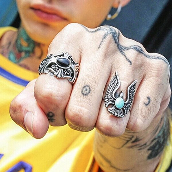

cool men's punk gothic biker vintage silver stainless steel turquoise eagle ring, Golden;silver