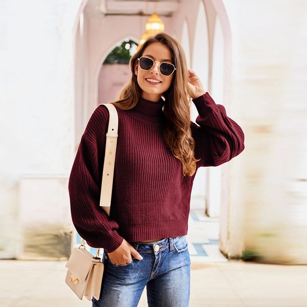 

turtleneck sweater dark red clothing women casual puff sleeve long autumn winter sweater 2020 new pullovers loose streetwear, White;black
