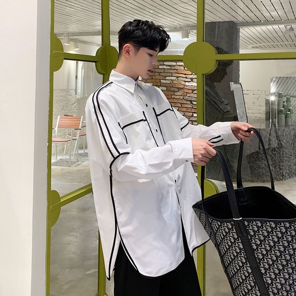 

men vintage fashion stripe splice loose long sleeve casual shirt male women streetwear hip hop party dress shirts, White;black