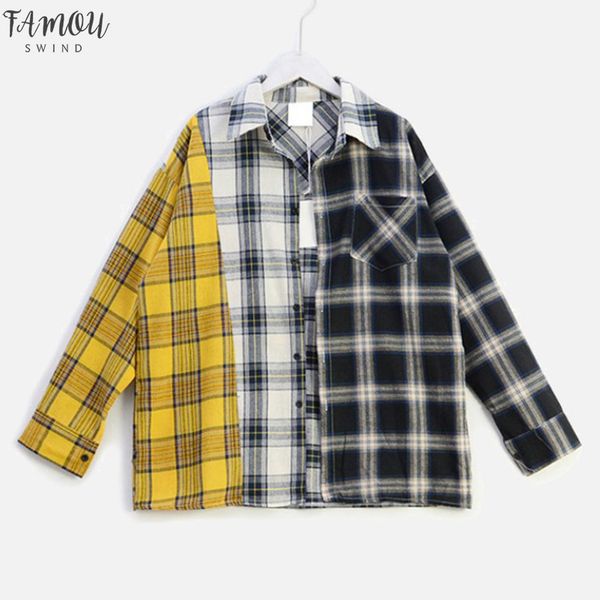 

клетчатая рубашка цвет контраст пэчворк женская блузка топы хип-хоп с длинным рукавом сращивания рубашки 2020 осень лето блузки женские, White