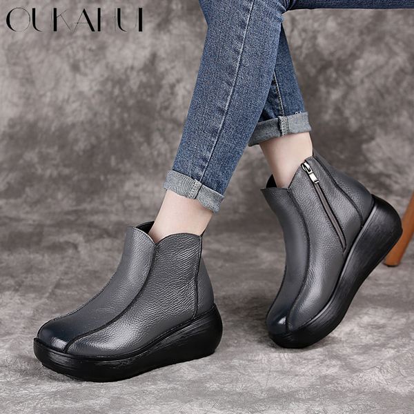 

oukahui spring fashion vintage genuine leather flat platform ankle boots women slip-on winter warm plush casual short zip boots, Black