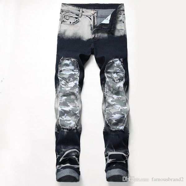 

fashion trend style casual apparel mens camouflage print jeans button fly straight long pants homme clothing teenager, Blue