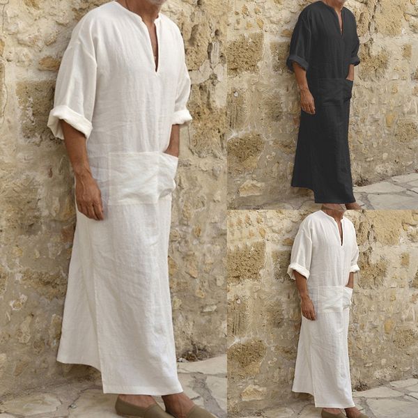 

2020 muslim men's shirt plus size 2020 casual loose long sleeves male pocket arab fashion cotton and linen button plain robes, Black;brown