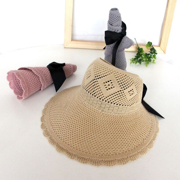 

women's sun sunscreen straw travel foldable sun hat sunscreen big eaves bowknot all-match empty straw hat, Blue;gray