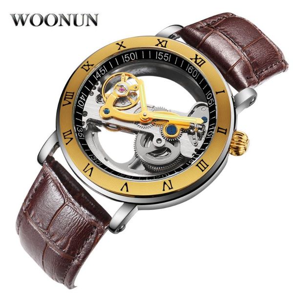 

2020 new men's watch mechanical watches transparent hollow automatic self wind watches leather band skeleton horloge, Slivery;brown