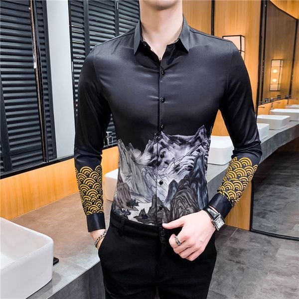 

men's dress shirts fashion spring chinese style print black white man self-cultivation long sleeve shirt men flower retro, White;black