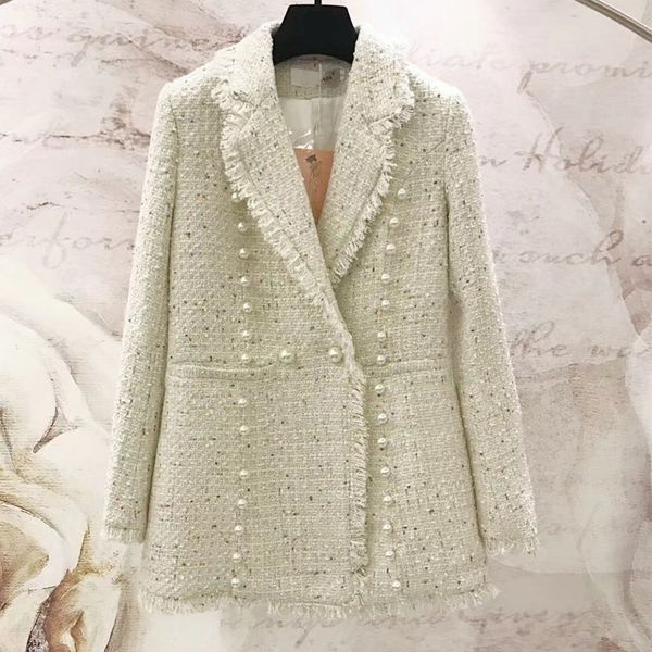 

2019 winter luxury pearls beading woman blazer coats elegant v neck office lady slim woolen coat overcoat clothing, Black