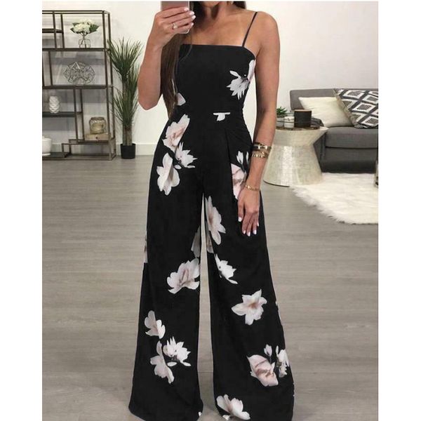 

meihuida women summer bohemian sleeveless playsuit ladies casual floral print backless wide leg pants playsuits beach wear, Black;white