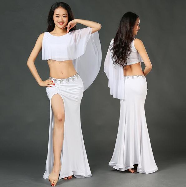 

2-piece lady dance practice dress (butterfly shoulder+slit skirt) modal costume bellydance costume red white black ing, Black;red